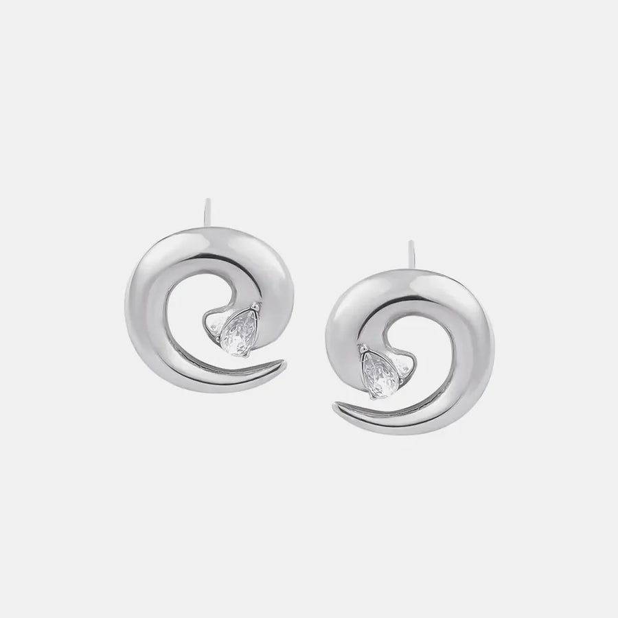 Silver swirl stud earrings with a pear-shaped zirconia accent.