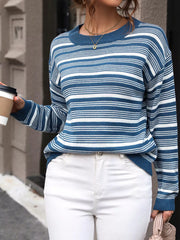 Blue and white striped acrylic sweater with dropped shoulders and crew neck.
