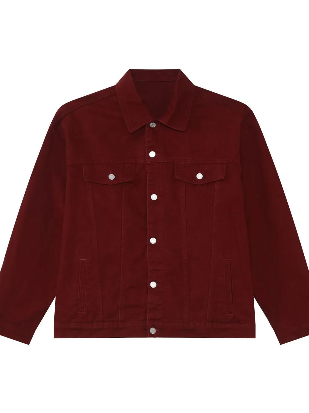 Burgundy denim trucker jacket with button front and chest pockets
