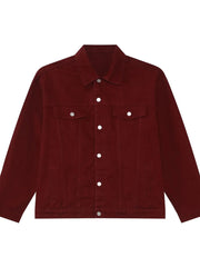 Burgundy denim trucker jacket with button front and chest pockets