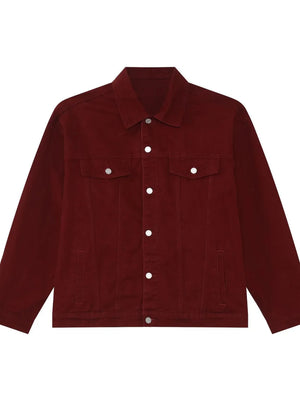 Burgundy denim trucker jacket with button front and chest pockets