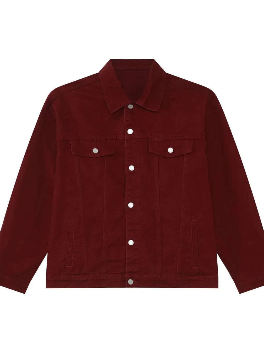 Burgundy denim trucker jacket with button front and chest pockets