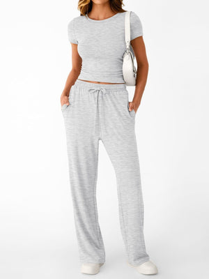 Gray round neck tee and relaxed drawstring pants set with pockets