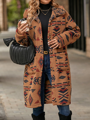 Caramel teddy longline coat with Aztec print, button front, and pockets.
