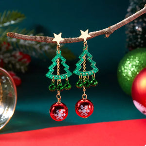 earrings in cherry red with Christmas tree and snowflake motif and dangle