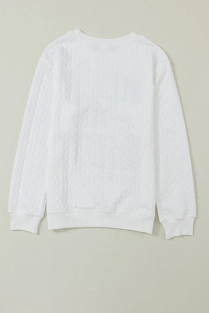 White textured sweatshirt with cable knit pattern and crew neck