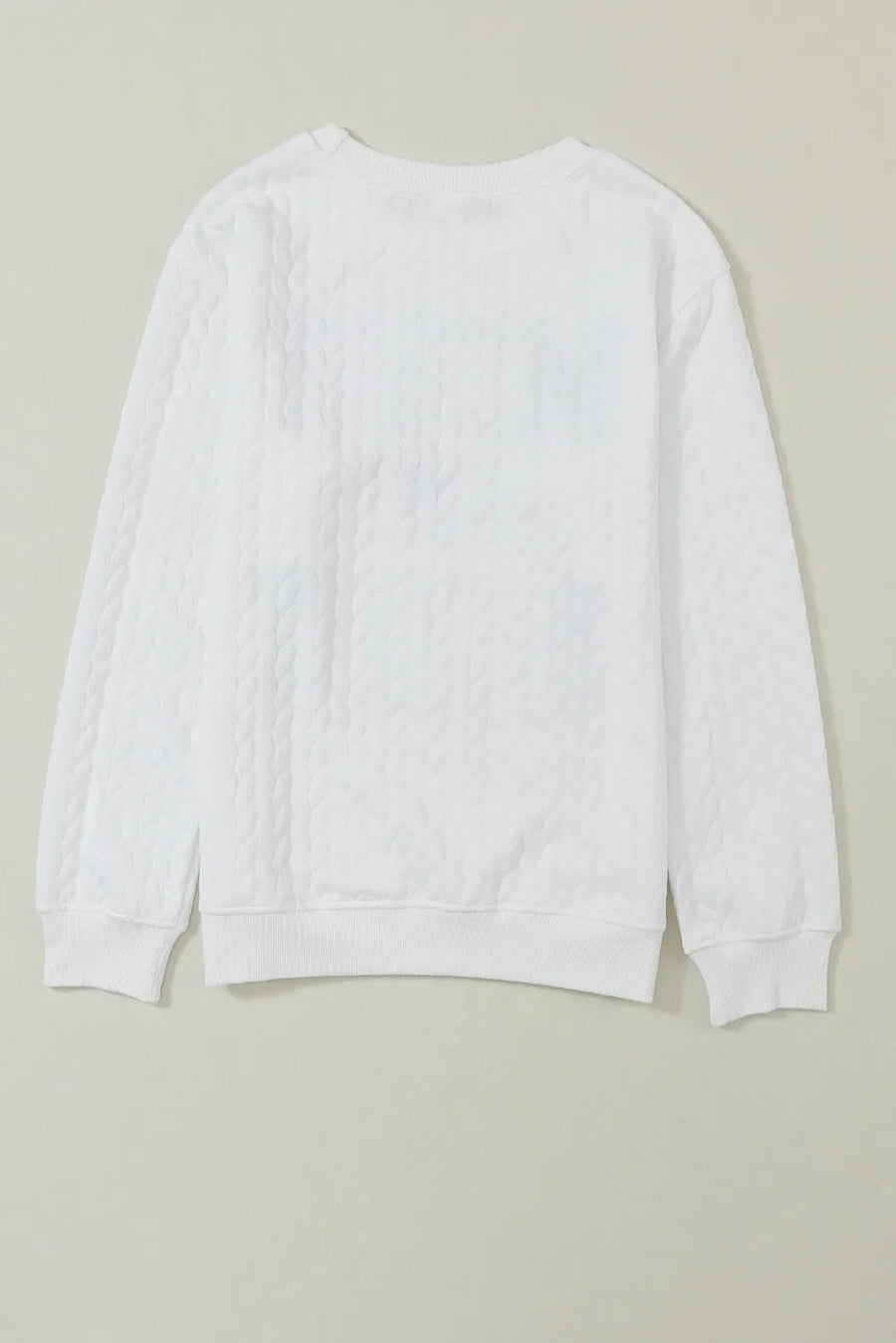 White textured sweatshirt with cable knit pattern and crew neck