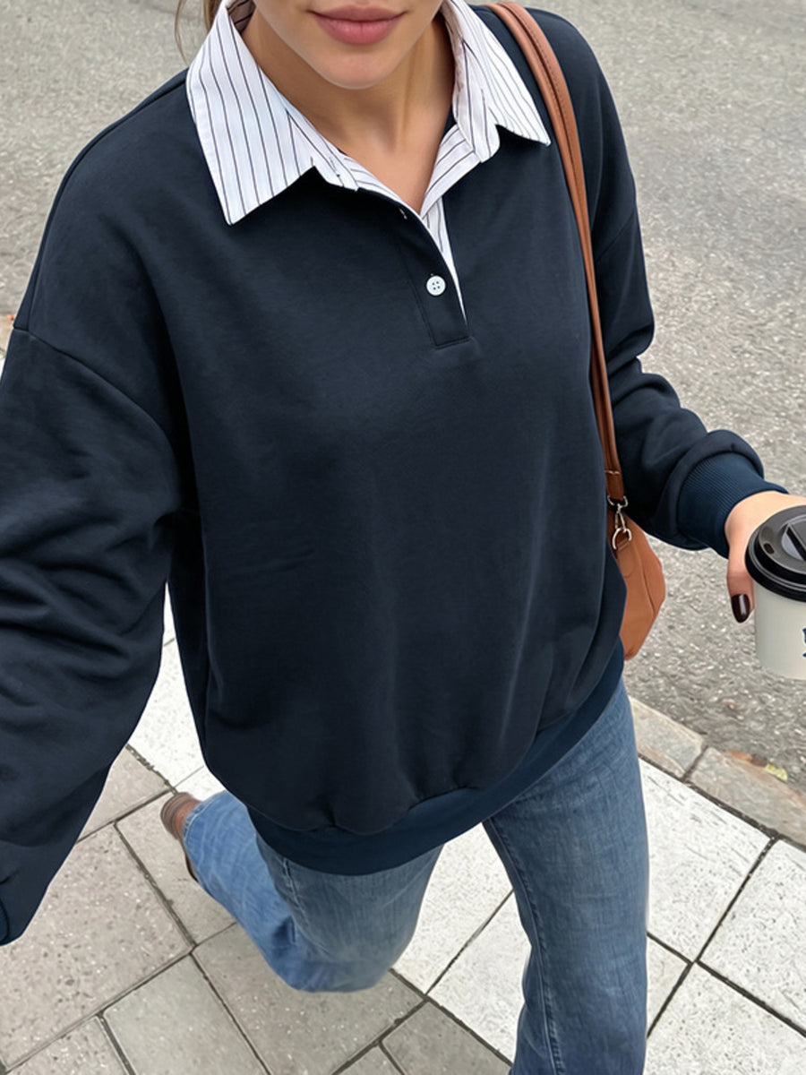 Navy sweatshirt with hip-length and half-button