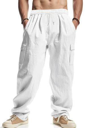 White relaxed-fit cargo pants with drawstring waist and side pockets.