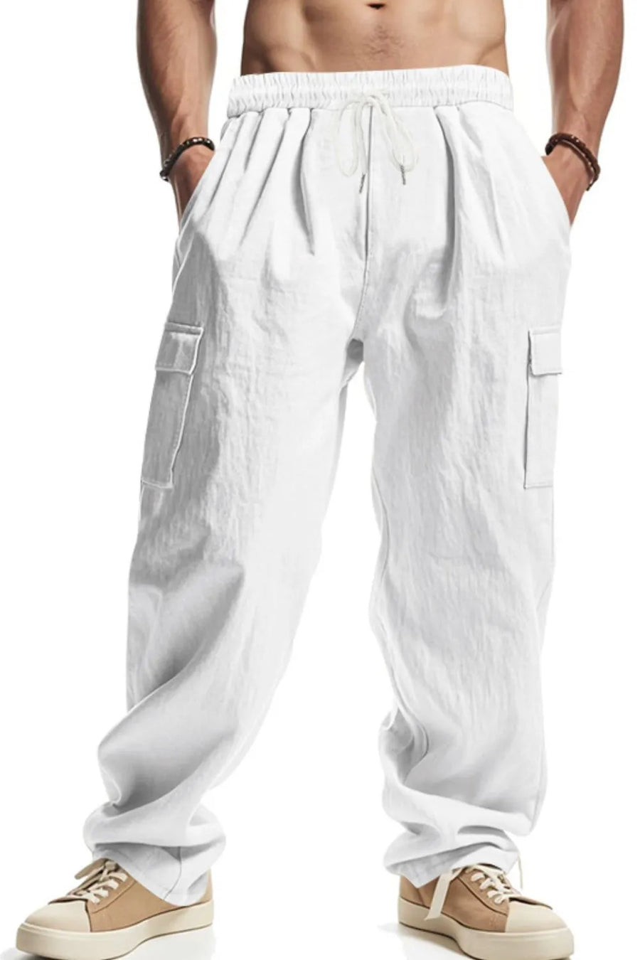 White relaxed-fit cargo pants with drawstring waist and side pockets.