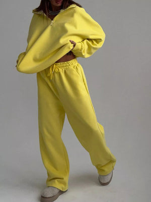 Light Yellow sweat set with hip-length, full-length and quarter-zip, drawstring, elastic
