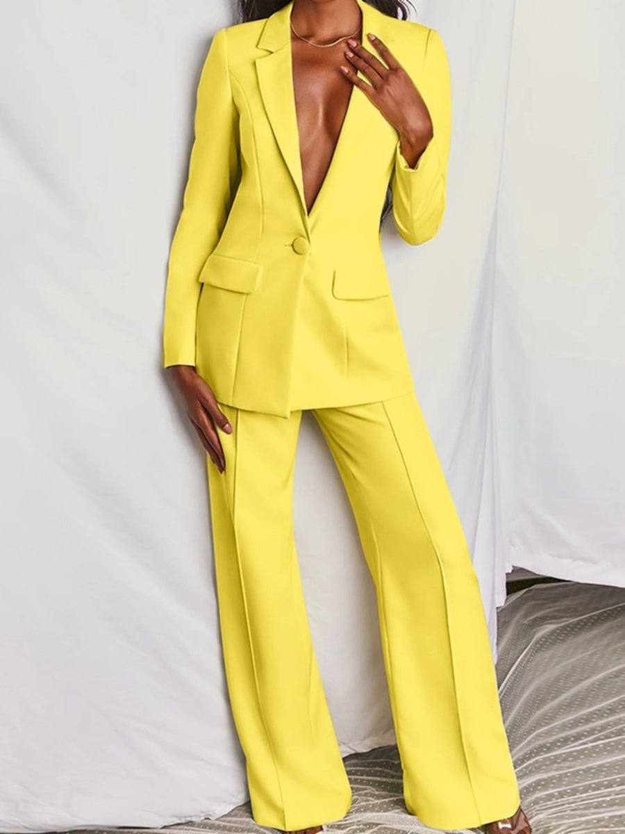 One Button Blazer And Wide-leg Pants Set Plus Size in Yellow