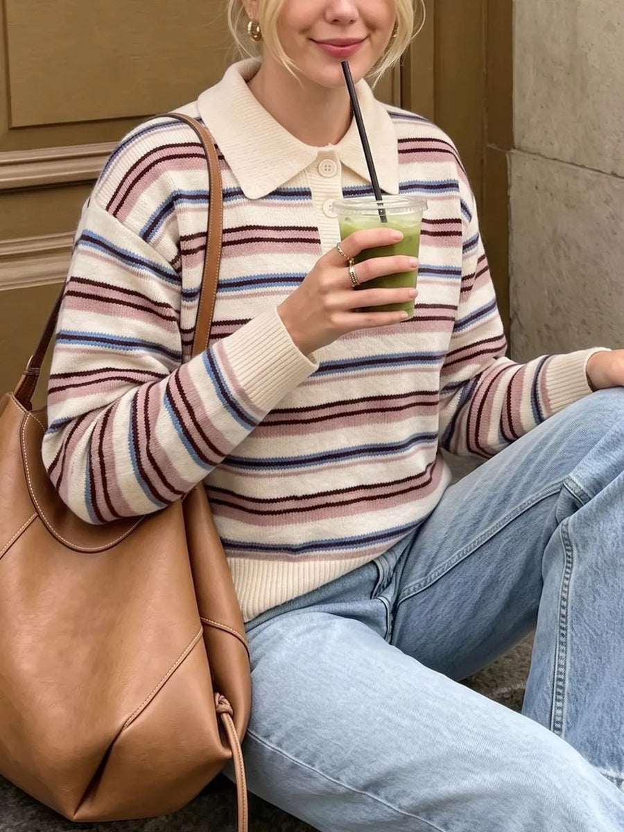 Pink with Ribbed Knit Long-sleeve Sweater