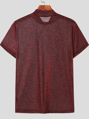 Burgundy textured velvet mock neck tee with short sleeves.