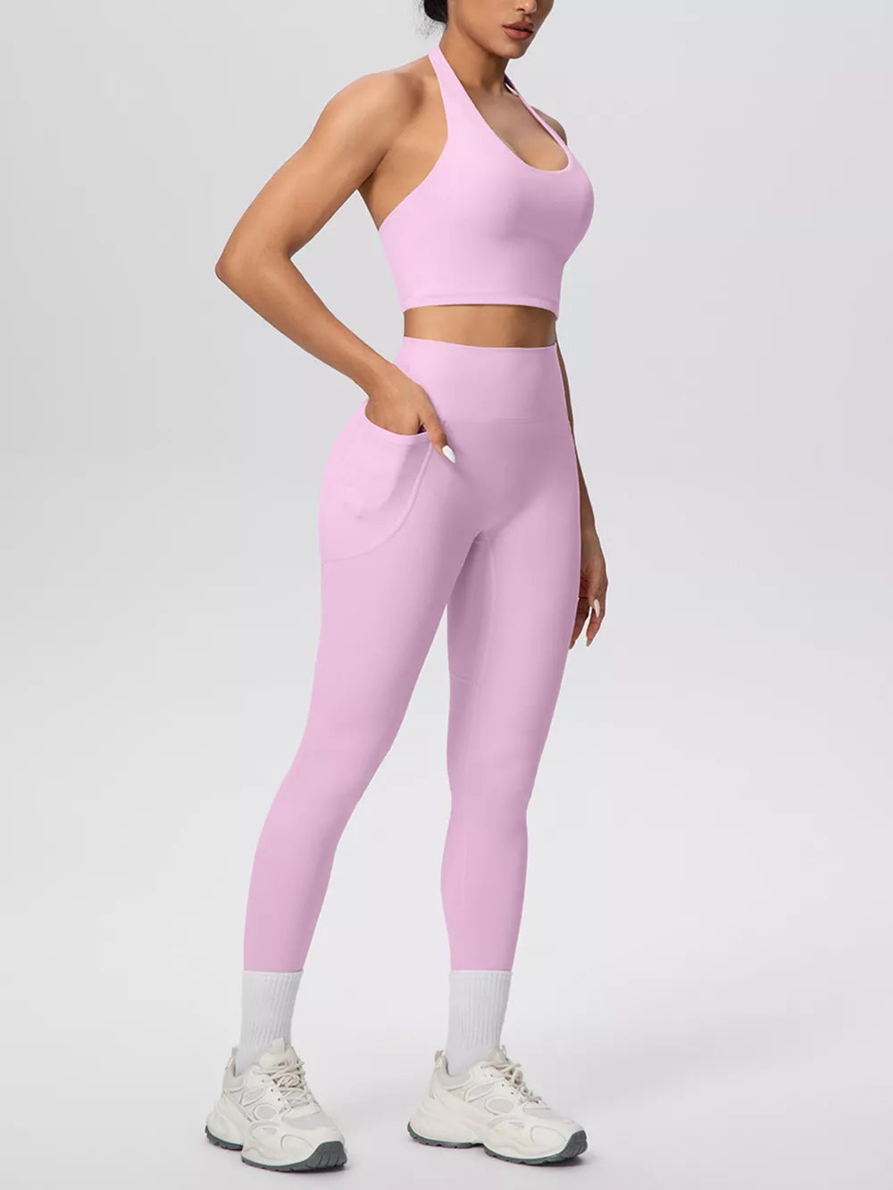 Halter Neck Crop Top And High-waisted Leggings Set in Cream