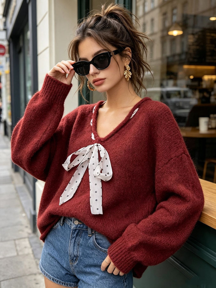 Pink v-neck sweater with hip-length and pullover