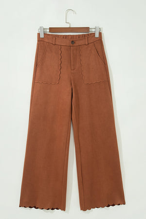 wide-leg pants in Caramel with scalloped edge and full-length