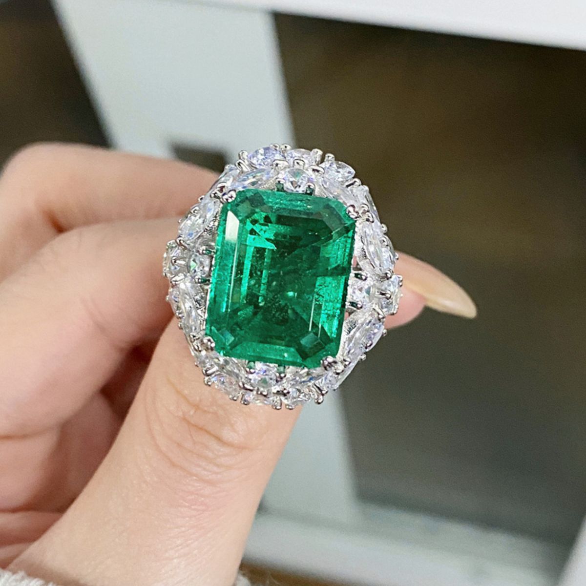 925 Sterling Silver Dark Green Zircon Ring in silver with emerald cut stone