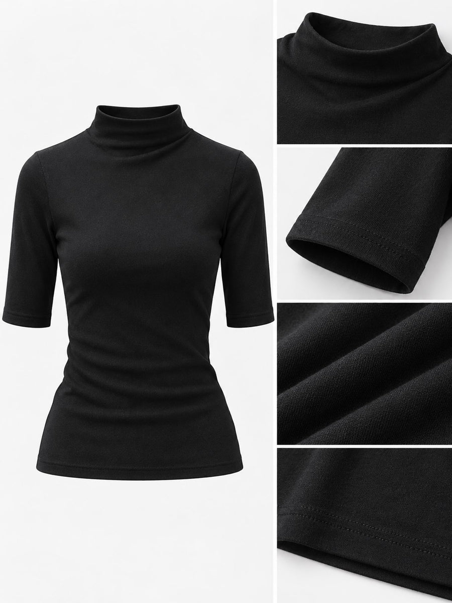 Full Size Mock Neck Half Sleeve T-Shirt in Black with plus-size