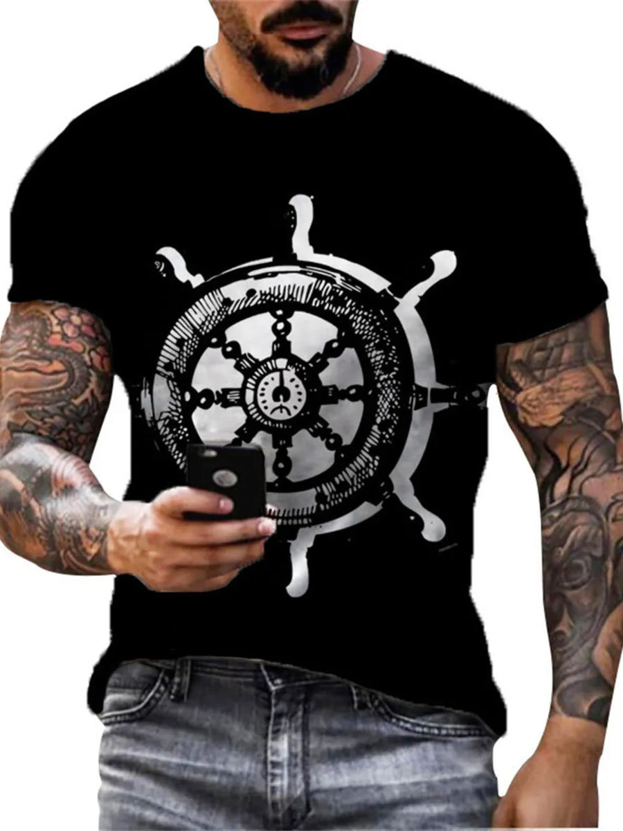 Black t-shirt with artistic compass graphic, crew neck, short sleeves.