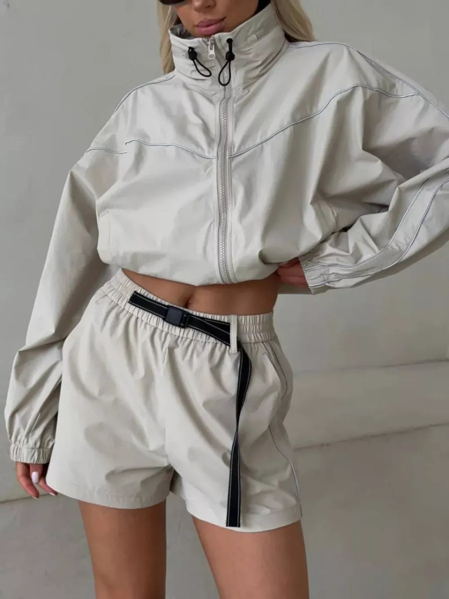 Brown track jacket with cropped and zip-front