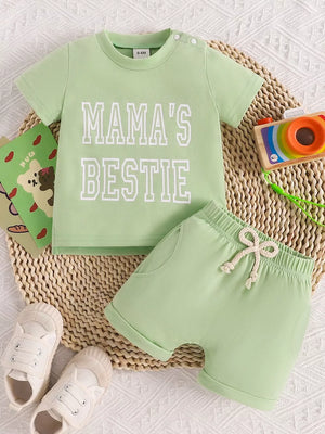 Light Green with Children's Letter Round Neck Tee And Shorts Set