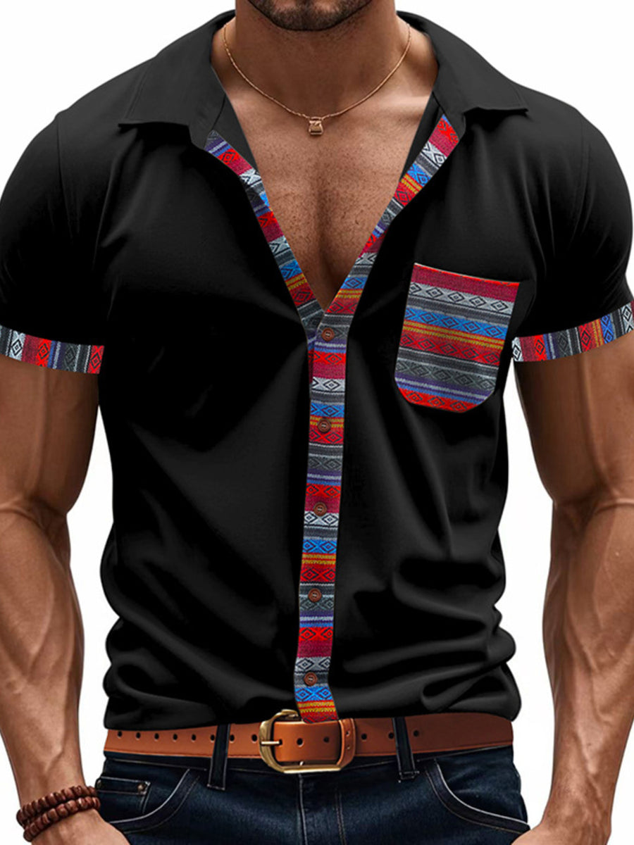 Black short sleeve men's shirt with vibrant geometric trim on placket, pocket, and cuffs.