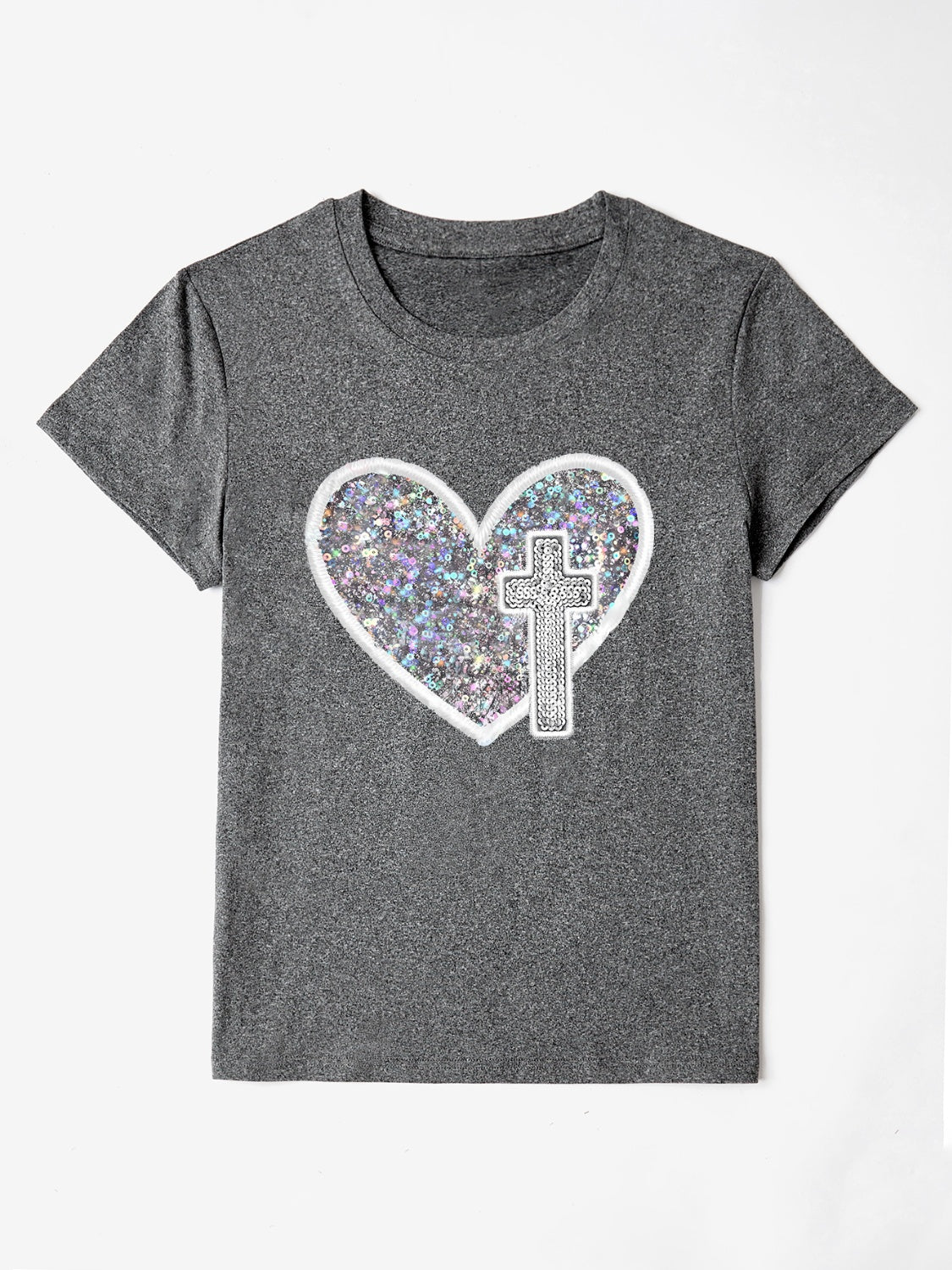 Gray t-shirt with iridescent heart and cross appliqué detail.
