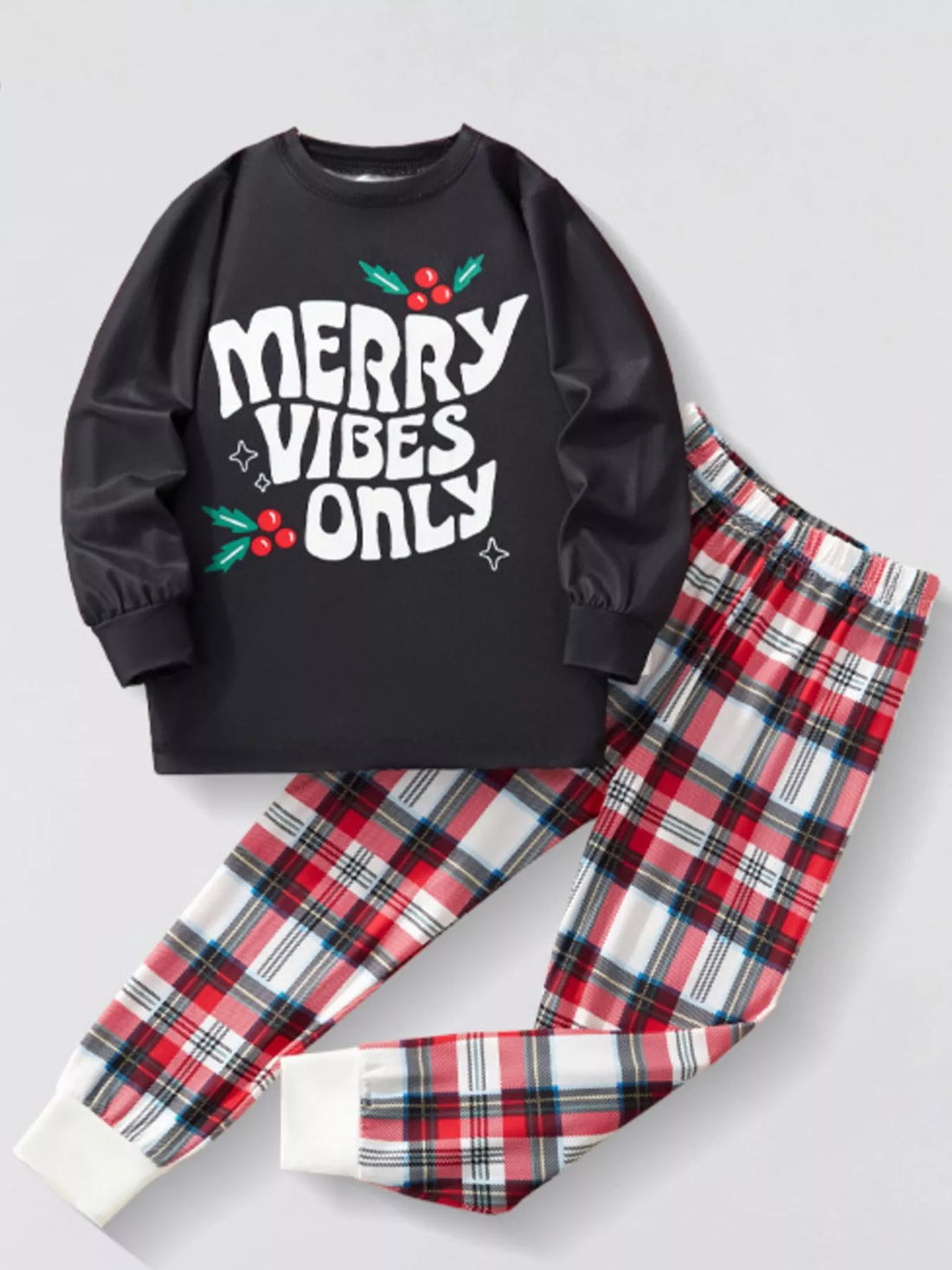 Black long sleeve sleep set with "Merry Vibes Only" graphic and red plaid pants
