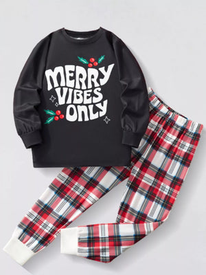 Black long sleeve sleep set with "Merry Vibes Only" graphic and red plaid pants