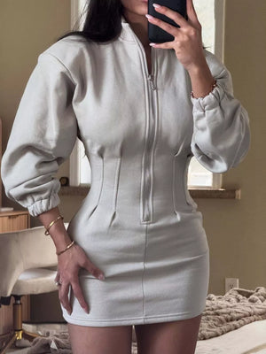 Casual Zip-up Long Sleeve Mini Dress in Black