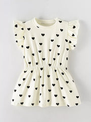 Children's cream a-line mini dress with black heart print and ruffle sleeves.