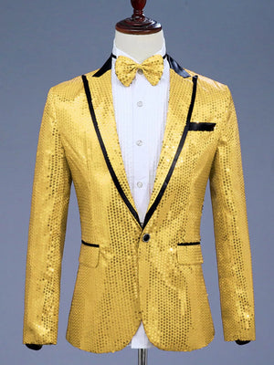 Gold sequin one button tuxedo blazer with black lapels and a matching bow tie.