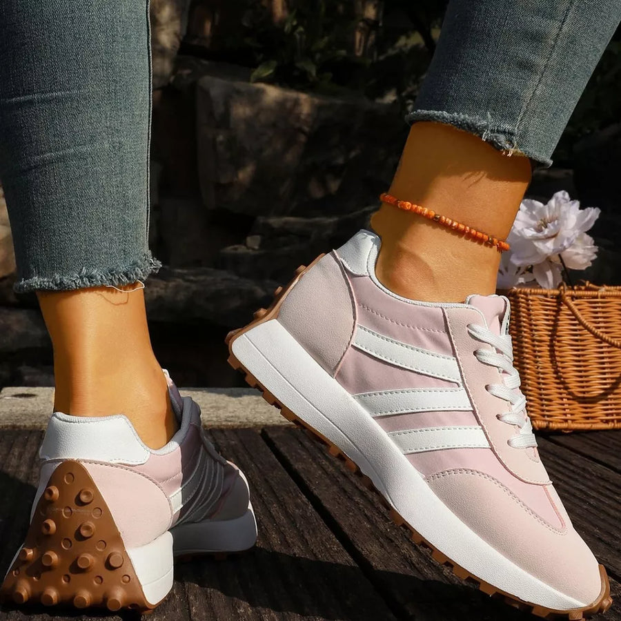 light pink sneakers with lace-up and color-block