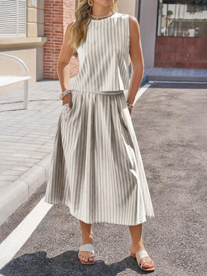 Striped two-piece set with sleeveless top and midi skirt with pockets
