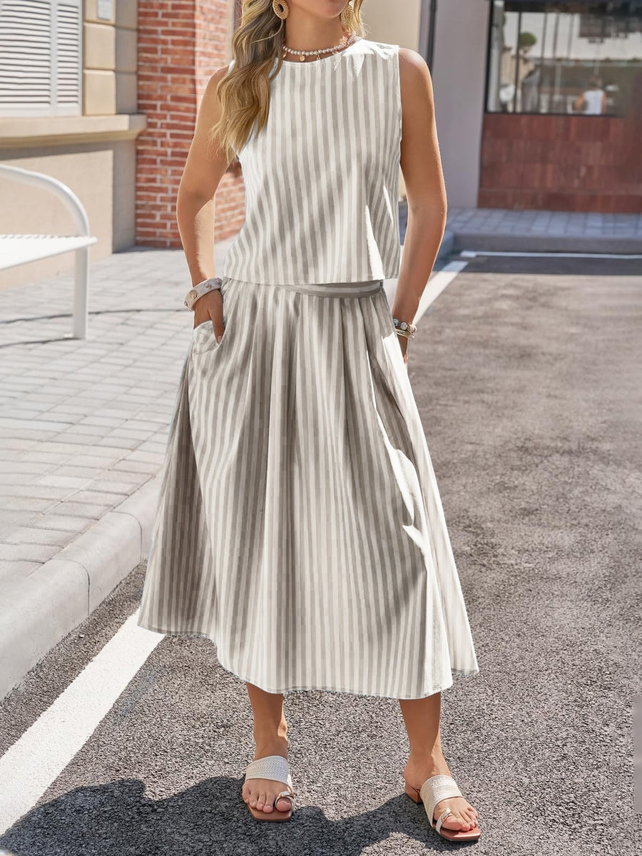 Striped two-piece set with sleeveless top and midi skirt with pockets