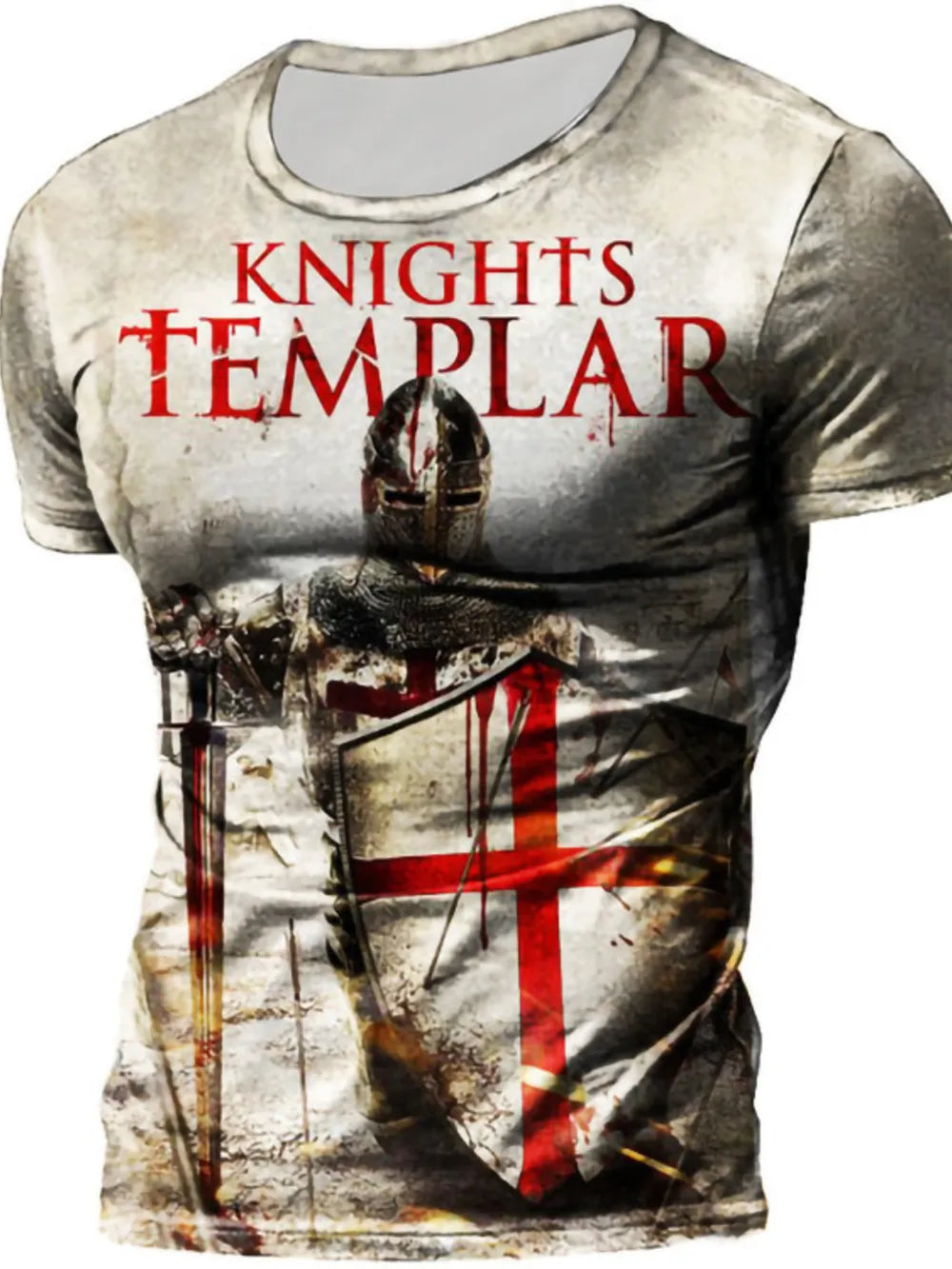Round neck t-shirt with Knights Templar graphic print, short sleeves, cotton blend.