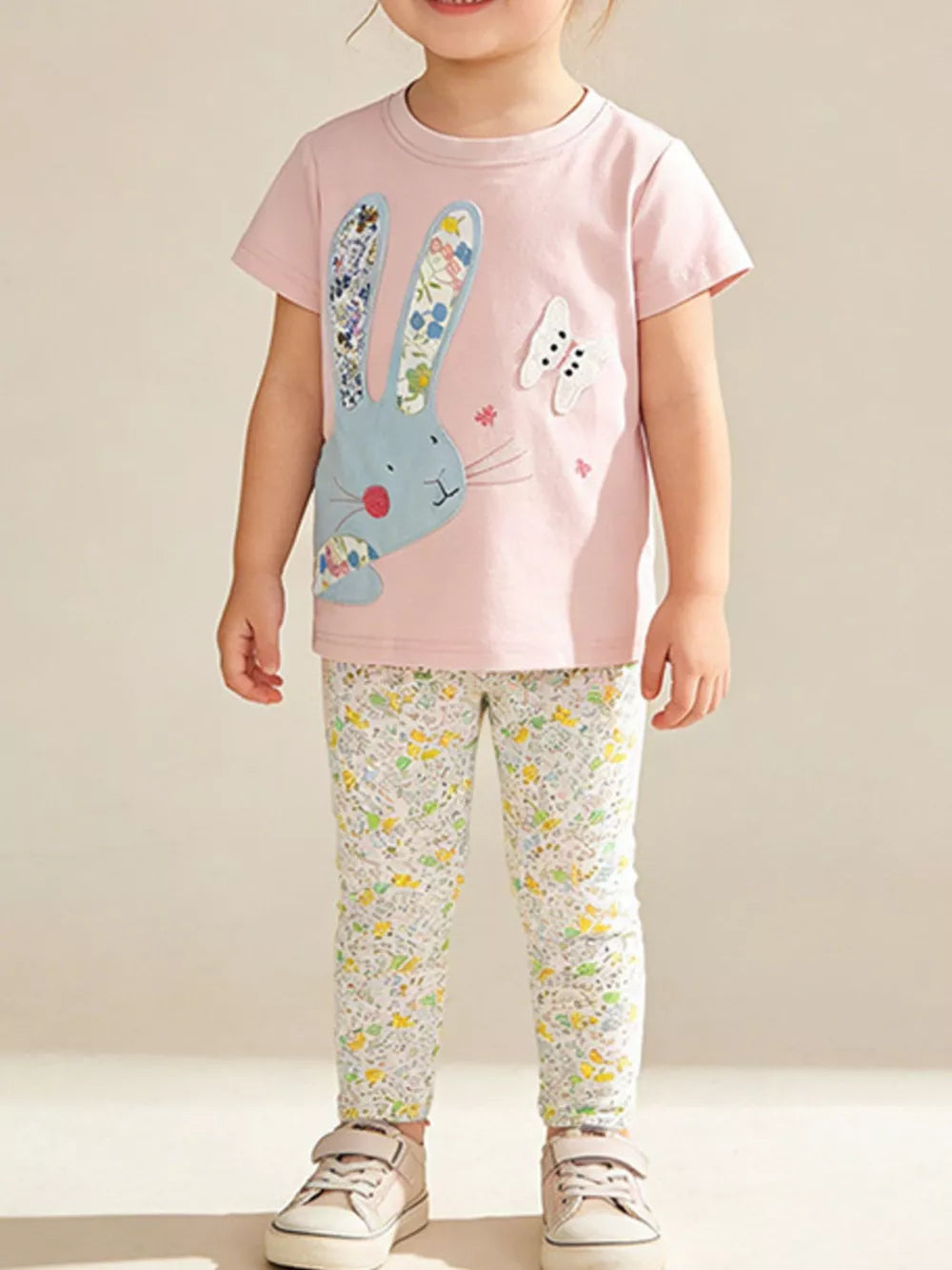 Pink cotton toddler set with floral bunny applique t-shirt and floral print leggings