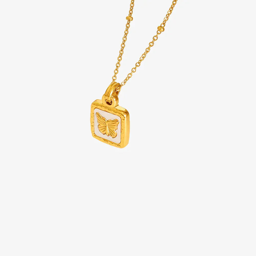 Gold butterfly inlay square pendant necklace with adjustable chain