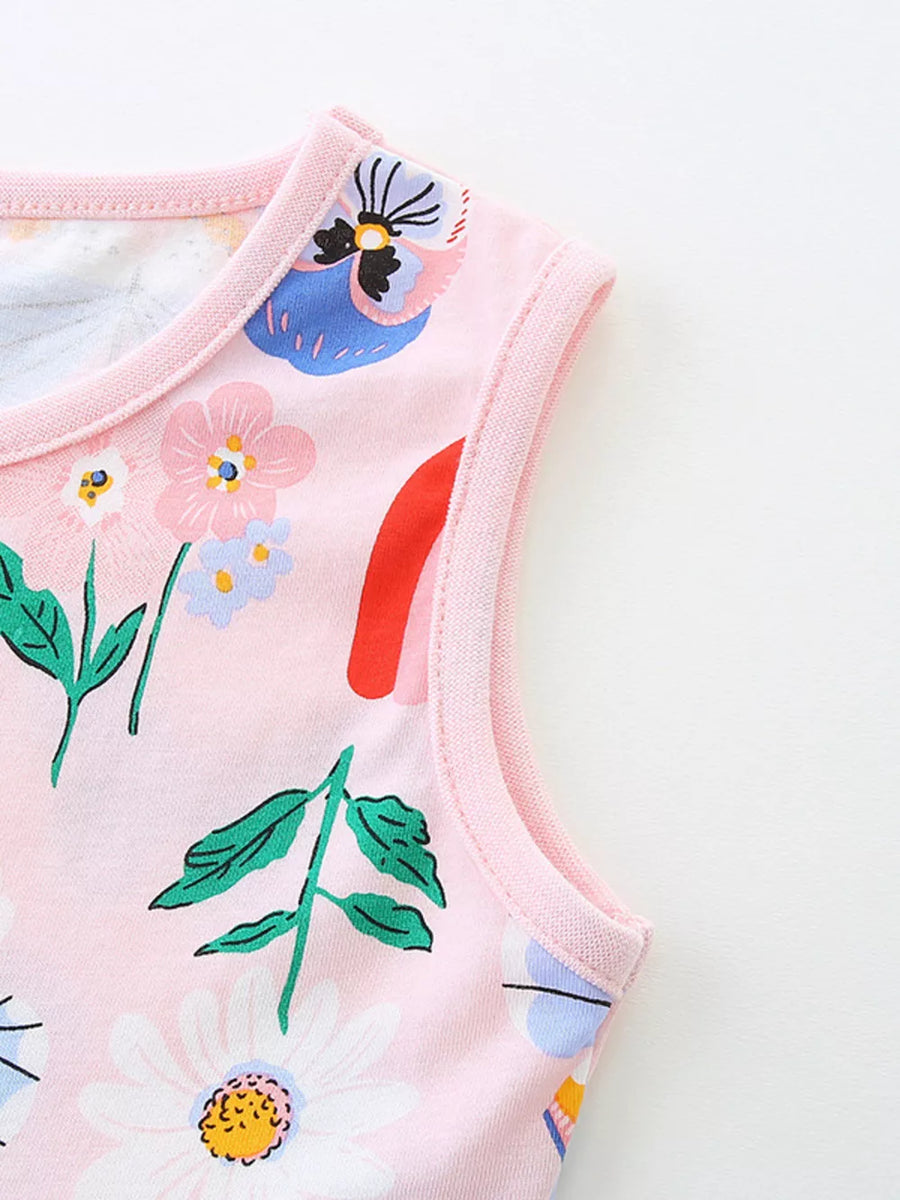 Pink cotton toddler dress with colorful flowers and rainbow print.