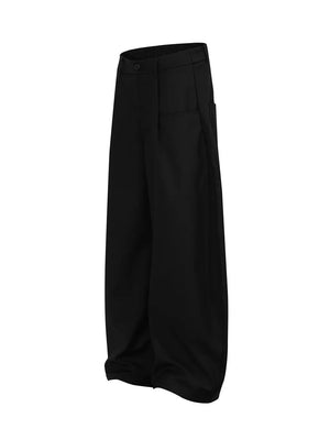Black pleated front wide-leg trousers with adjustable waist and pockets.