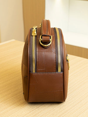 crossbody bag featuring patchwork in Caramel with PU Leather Imported Size &amp texture