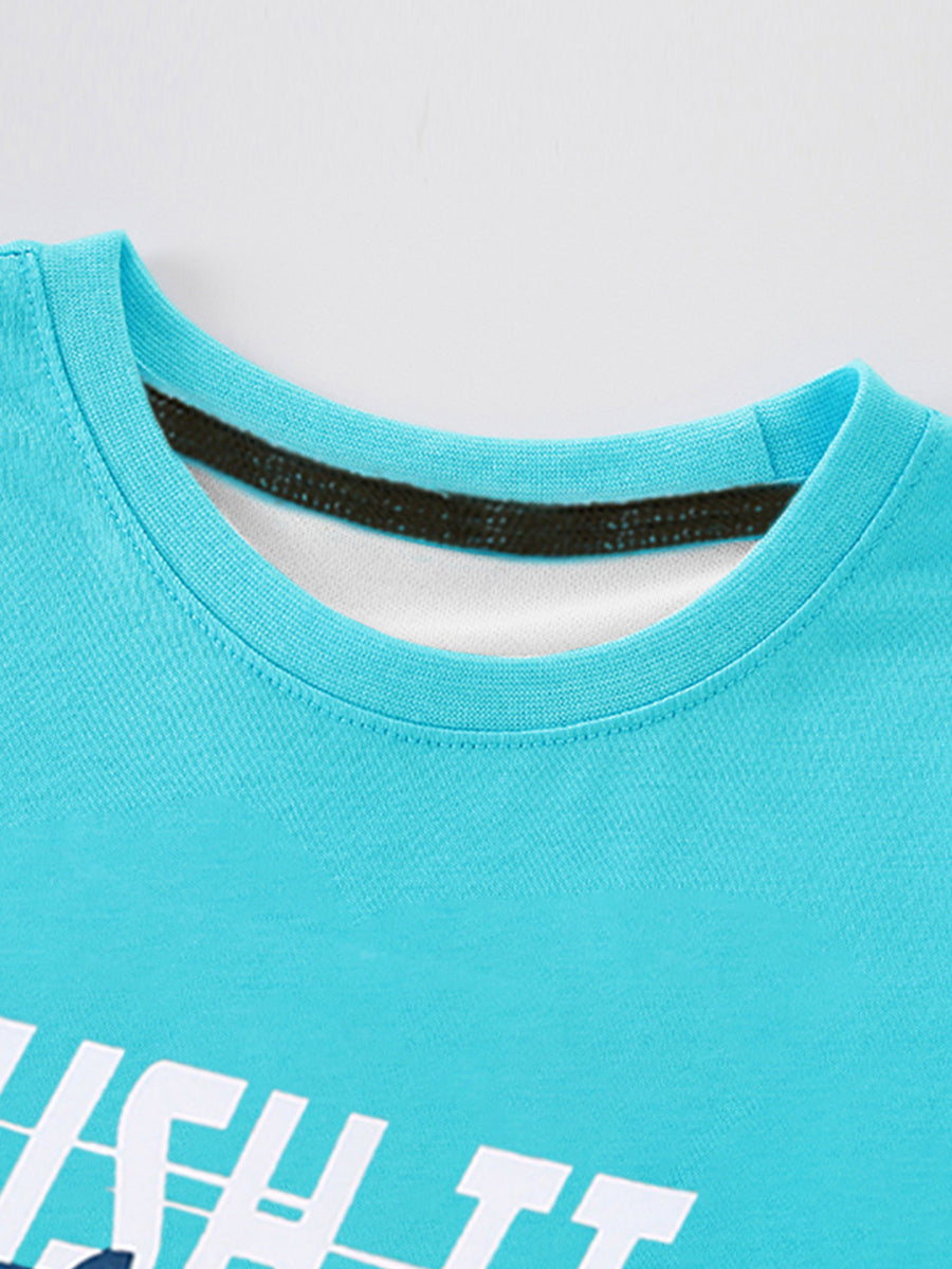 Toddler crew neck t-shirt in turquoise with white graphic text and a dark trim inside the neckline.