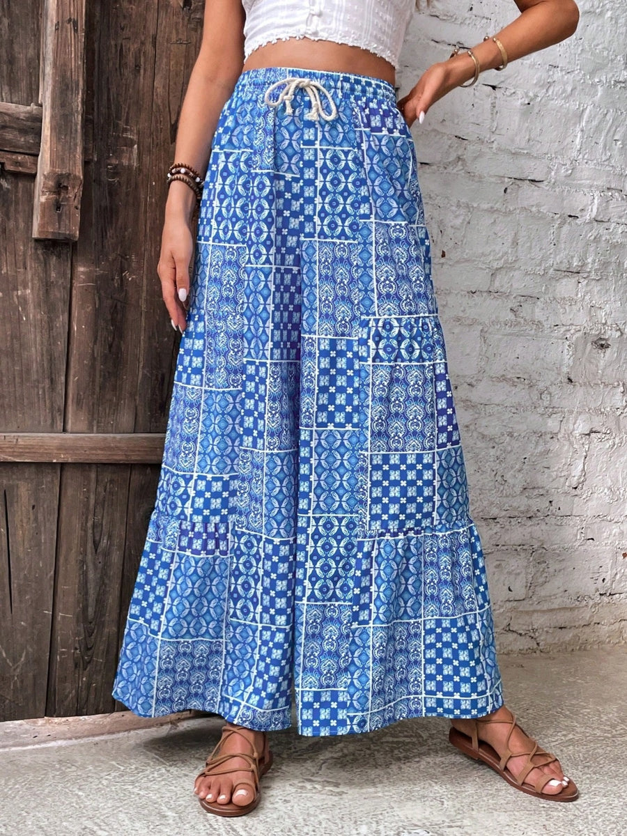 sky blue wide-leg pants featuring high-waisted and geometric