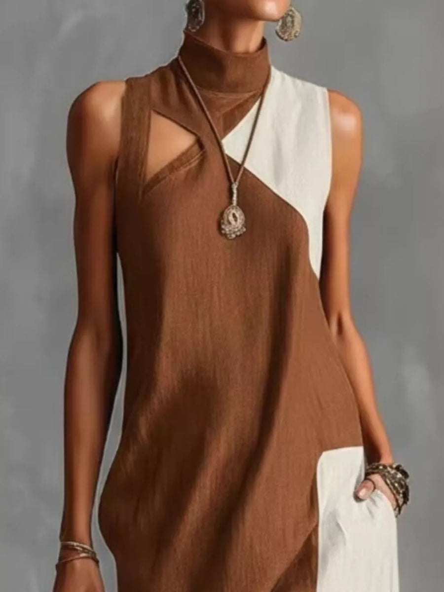 Dark Gray with Color Block Mock Neck Sleeveless Maxi Dress Plus Size