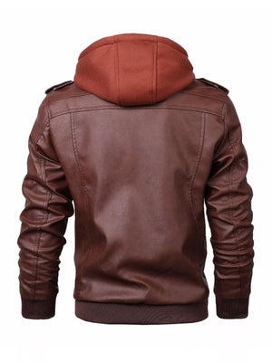 Brown faux leather hooded jacket with ribbed cuffs and hem
