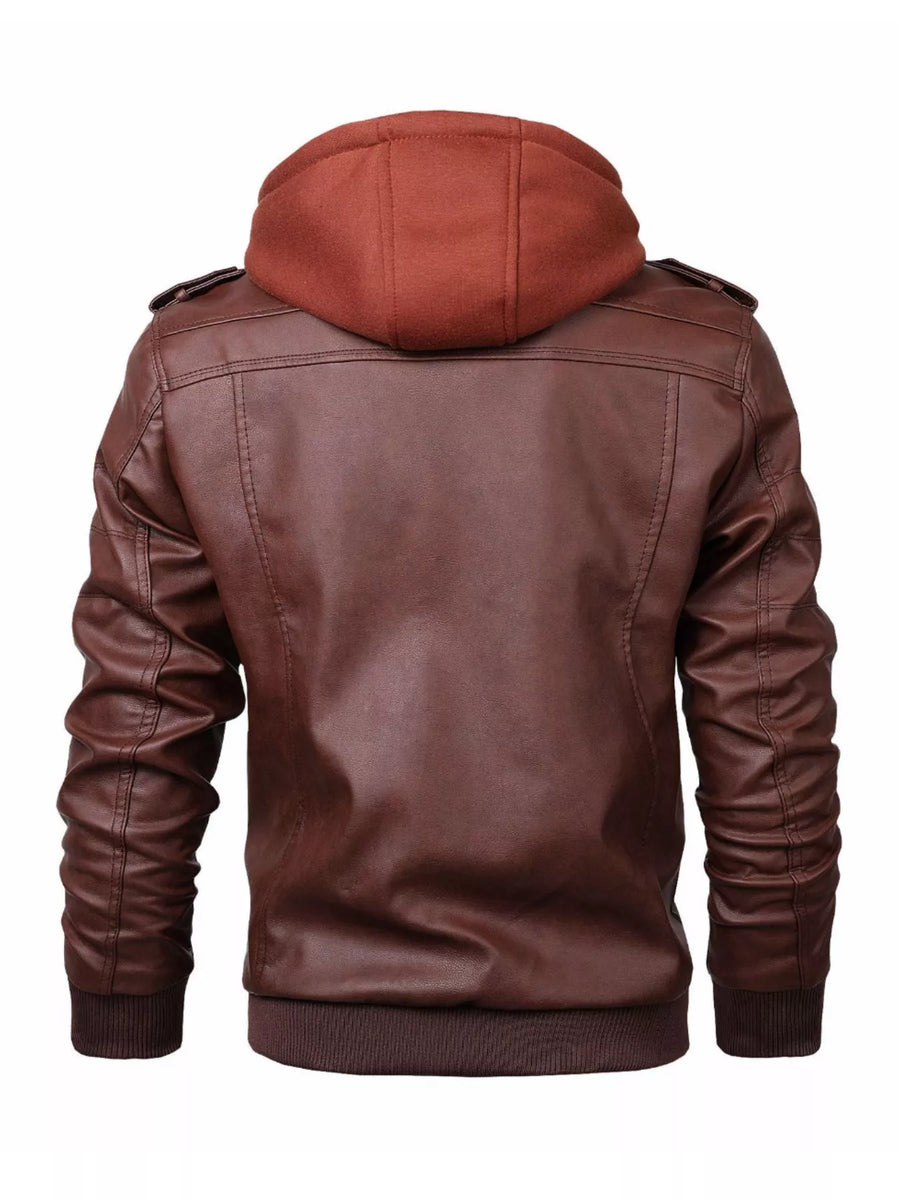 Brown faux leather hooded jacket with ribbed cuffs and hem