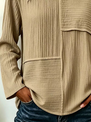 blouse featuring patchwork in Khaki with 100% polyester Care instructions: Machine wash cold texture