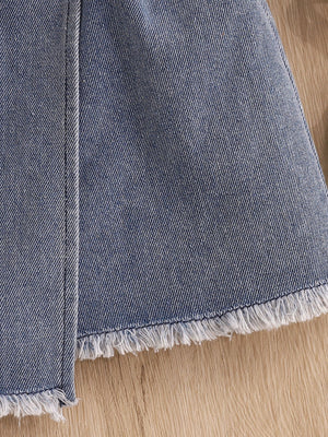 Distressed denim skirt with frayed hem and seams.