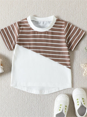 Baby cotton t-shirt with brown and white stripes and a white color block panel.
